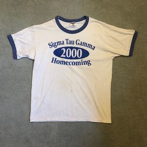 Vintage Sigma Tau Gamma 2000 Homecoming Jerzees Ringer T-Shirt White Blue XL